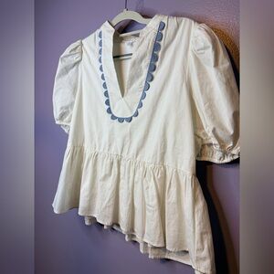 TCEC Whimsical Feminine Peplum Top Puff Sleeve Scallop Neck Ballet Cottagecore L